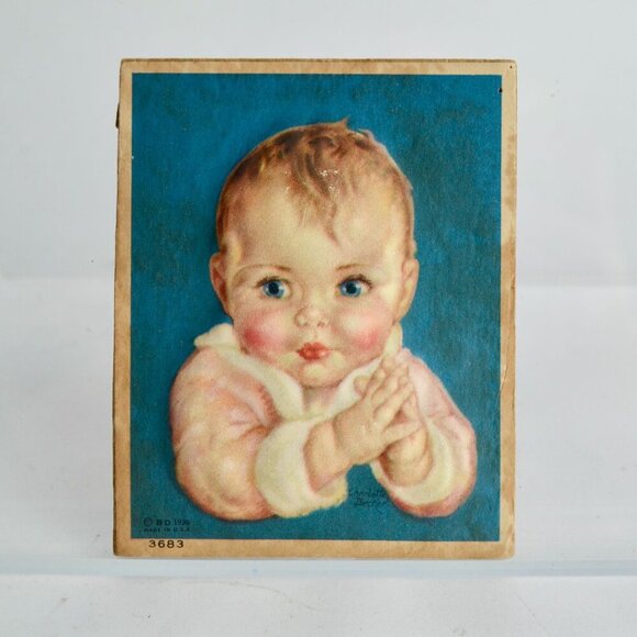 Charlotte Becker Now I Lay Me Baby 3D Embossed Cardboard Lithograph Print 3.75 x - Picture 1 of 4